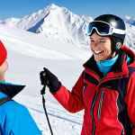 **Personalized Ski Lesson:** A ski instructor smiles and interacts with a student, using information from a pre-lesson survey (like music preference) to create a customized and enjoyable experience. Include a snowy mountain backdrop.