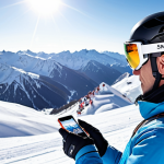 **A skier using a smart watch and augmented reality goggles on a snowy mountain, displaying data analytics and personalized training information. In the background, a drone films the skier. The overall scene should convey technological advancement in skiing.**