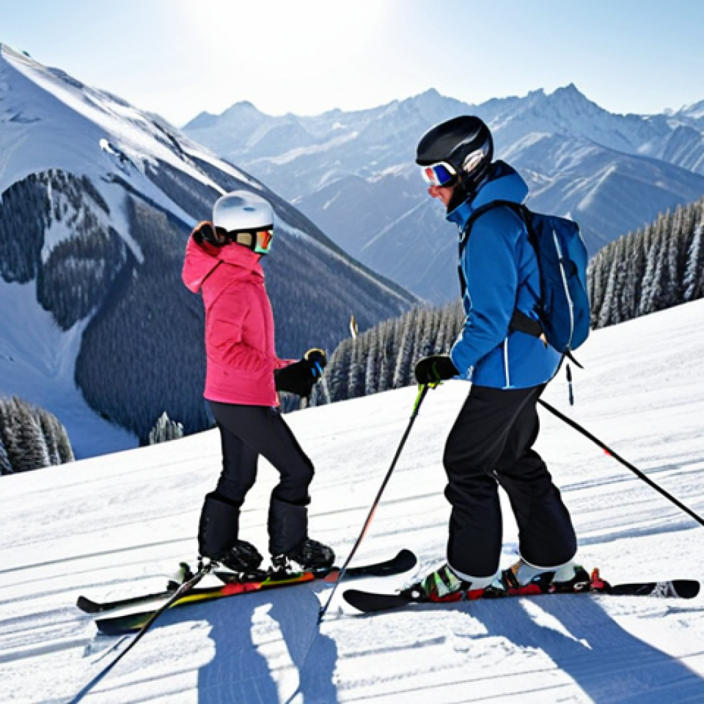 ** A beginner skier taking a private lesson. Focus on the instructor giving personalized attention, helping the skier build confidence on a gentle slope. The setting should be a sunny, snowy mountain resort.

**