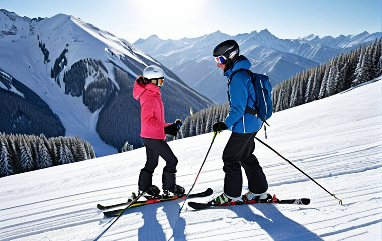 ** A beginner skier taking a private lesson. Focus on the instructor giving personalized attention, helping the skier build confidence on a gentle slope. The setting should be a sunny, snowy mountain resort.
**