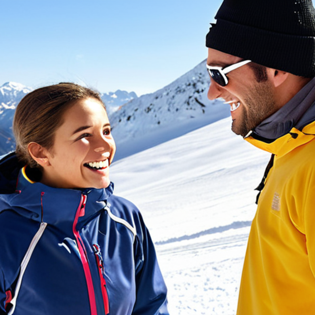 **A professional and approachable male or female ski instructor with a warm, sincere smile, engaging with a student (who appears eager to learn) on a sunny, snowy mountain slope. The scene emphasizes the crucial first moments of interaction, highlighting clear communication, trust-building body language, and a supportive, encouraging atmosphere. Sunlight catches the crisp snow, reflecting a bright and positive learning experience.**