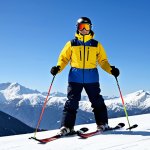 **

A professional ski instructor, fully clothed in a bright, insulated ski suit, demonstrating proper form on a gentle, snow-covered slope. Background includes a clear blue sky and distant snow-capped mountains. Appropriate attire, safe for work, perfect anatomy, natural proportions, professional photography, high quality, family-friendly.

**