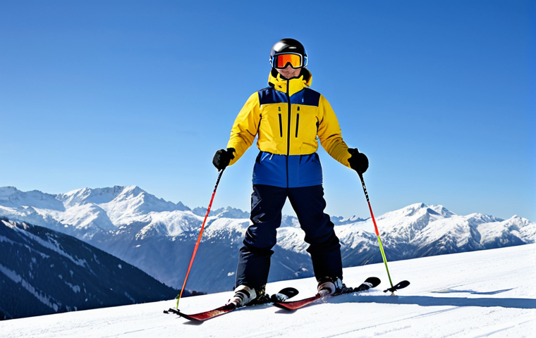 **
A professional ski instructor, fully clothed in a bright, insulated ski suit, demonstrating proper form on a gentle, snow-covered slope. Background includes a clear blue sky and distant snow-capped mountains. Appropriate attire, safe for work, perfect anatomy, natural proportions, professional photography, high quality, family-friendly.
**