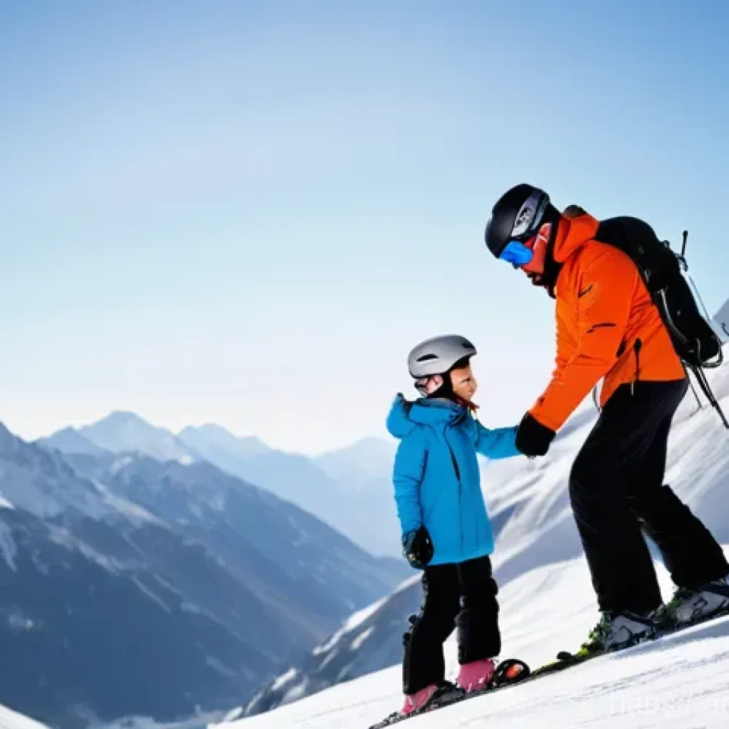 스키 강사의 장기 고객 관계 유지 비결 - **Prompt 1: The First Step of Trust**
A wide shot capturing a kind and patient male ski instruct...