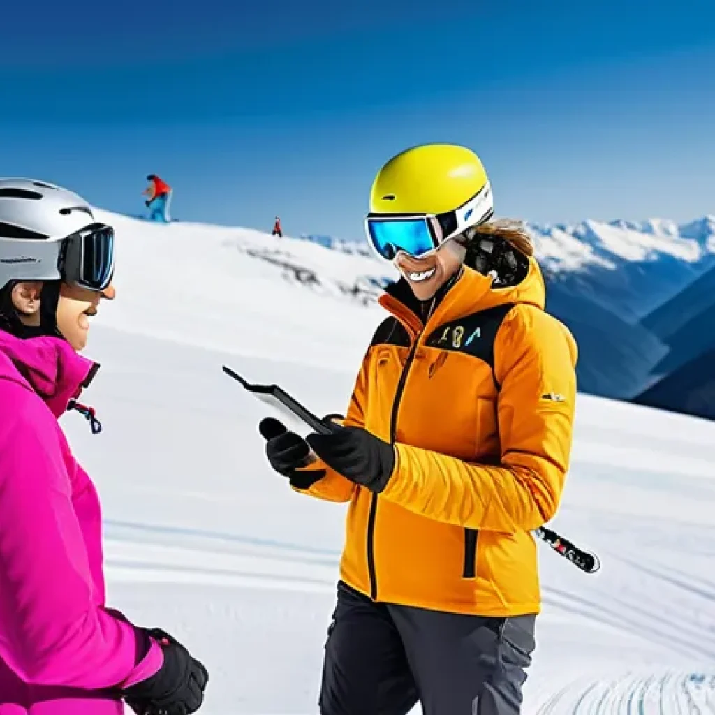 스키 강사의 글로벌 트렌드 이해 - **Modern Ski Instruction with Technology and Personalization:**
A dynamic scene on a sunny, well...
