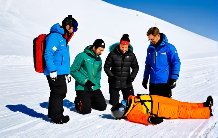 스키 강사의 안전사고 예방 교육 사례 - Image Prompt 1: Advanced Mountain First Aid Training** 스키 강사의 안전사고 예방 교육 사례 - Image Prompt 1: Advanced Mountain First Aid Training**