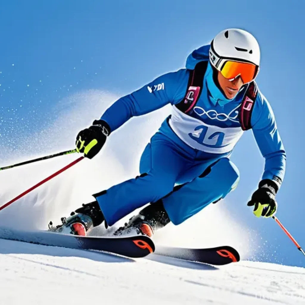 스키 강사 실기 시험 팁 - A professional male ski instructor, mid-carved turn on a pristine, groomed ski slope. He is wearing ...