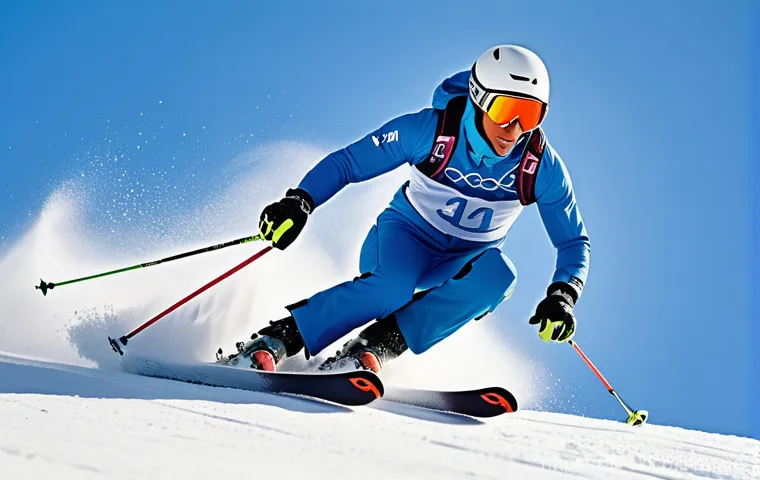 스키 강사 실기 시험 팁 - A professional male ski instructor, mid-carved turn on a pristine, groomed ski slope. He is wearing ...