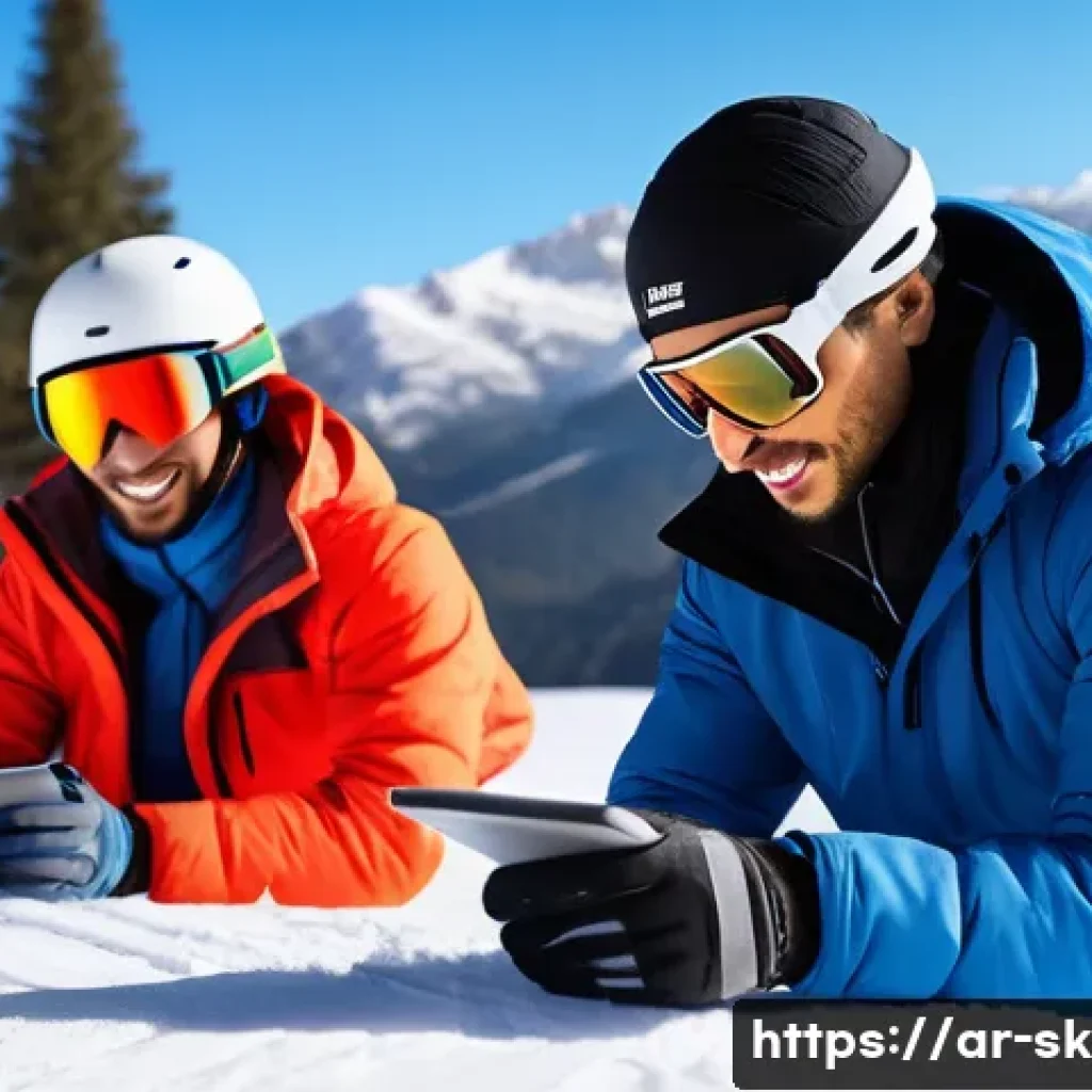 스키 강사의 디지털 마케팅 활용 사례 - A dynamic scene featuring a young Arabic male ski coach wearing winter sportswear and insulated glov...