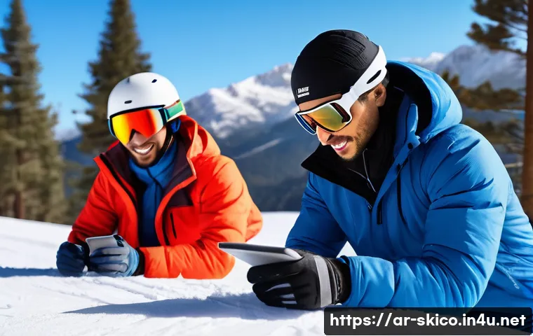 스키 강사의 디지털 마케팅 활용 사례 - A dynamic scene featuring a young Arabic male ski coach wearing winter sportswear and insulated glov...