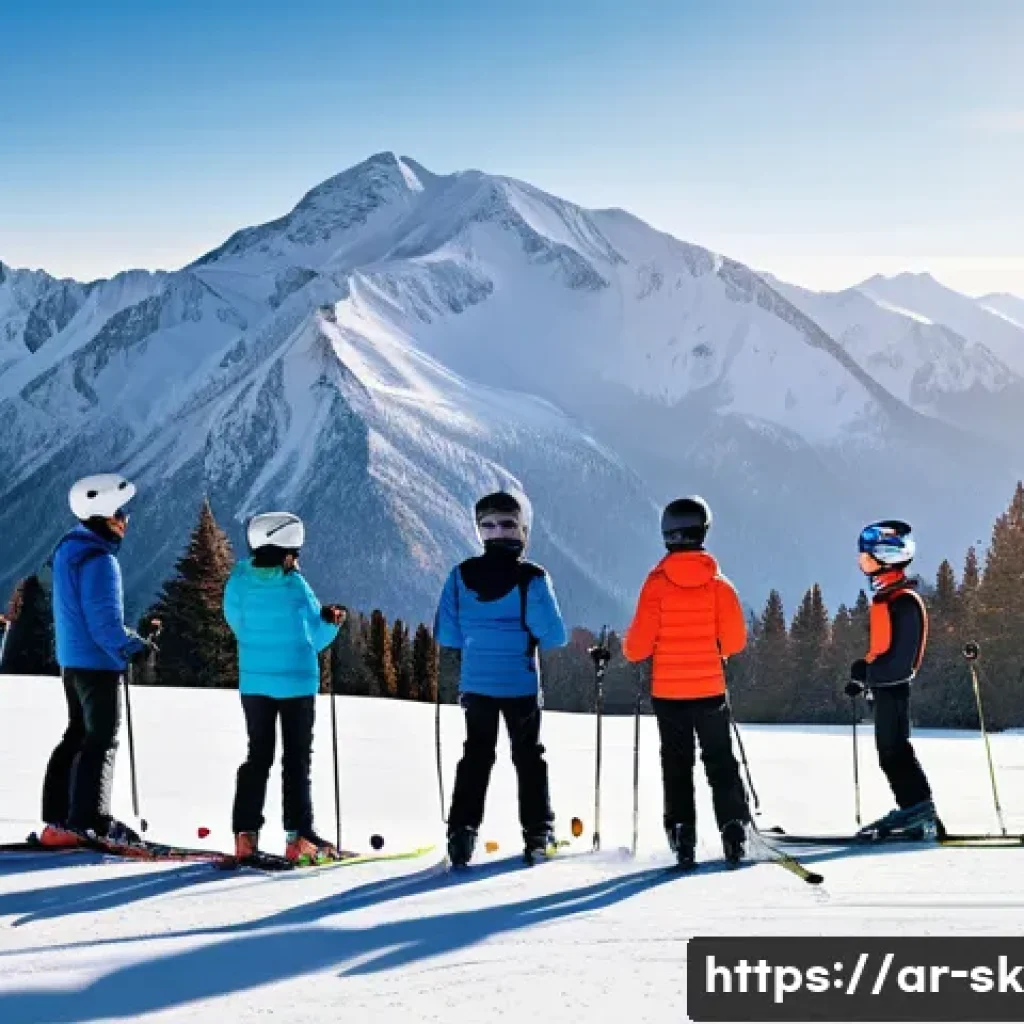 스키 강사의 자아 성장 이야기 - A serene early morning ski training scene on a snow-covered mountain slope under a clear sky with so...