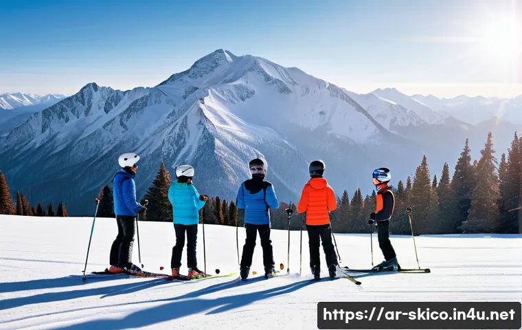 스키 강사의 자아 성장 이야기 - A serene early morning ski training scene on a snow-covered mountain slope under a clear sky with so...