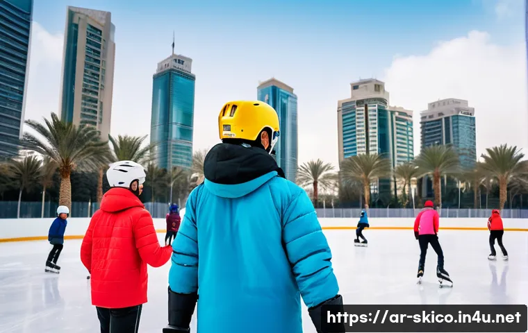 스키 강사의 계절별 근무 전략 - A dynamic winter ice skating training scene in the Middle East featuring a skilled Arabic male coach...