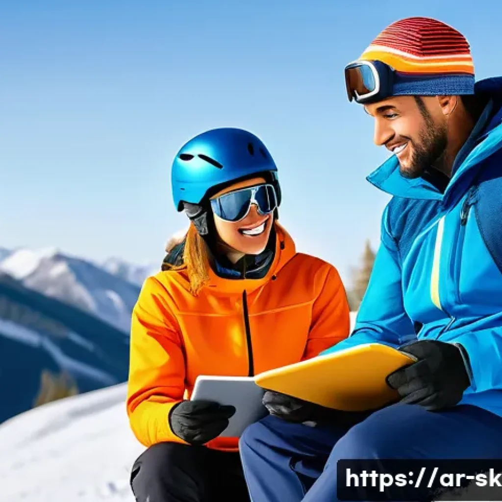 스키 강사의 고객별 진도 관리 시스템 - A professional ski coach sitting with an Arab trainee on a snowy mountain slope, both wearing colorf...