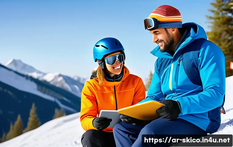 스키 강사의 고객별 진도 관리 시스템 - A professional ski coach sitting with an Arab trainee on a snowy mountain slope, both wearing colorf...