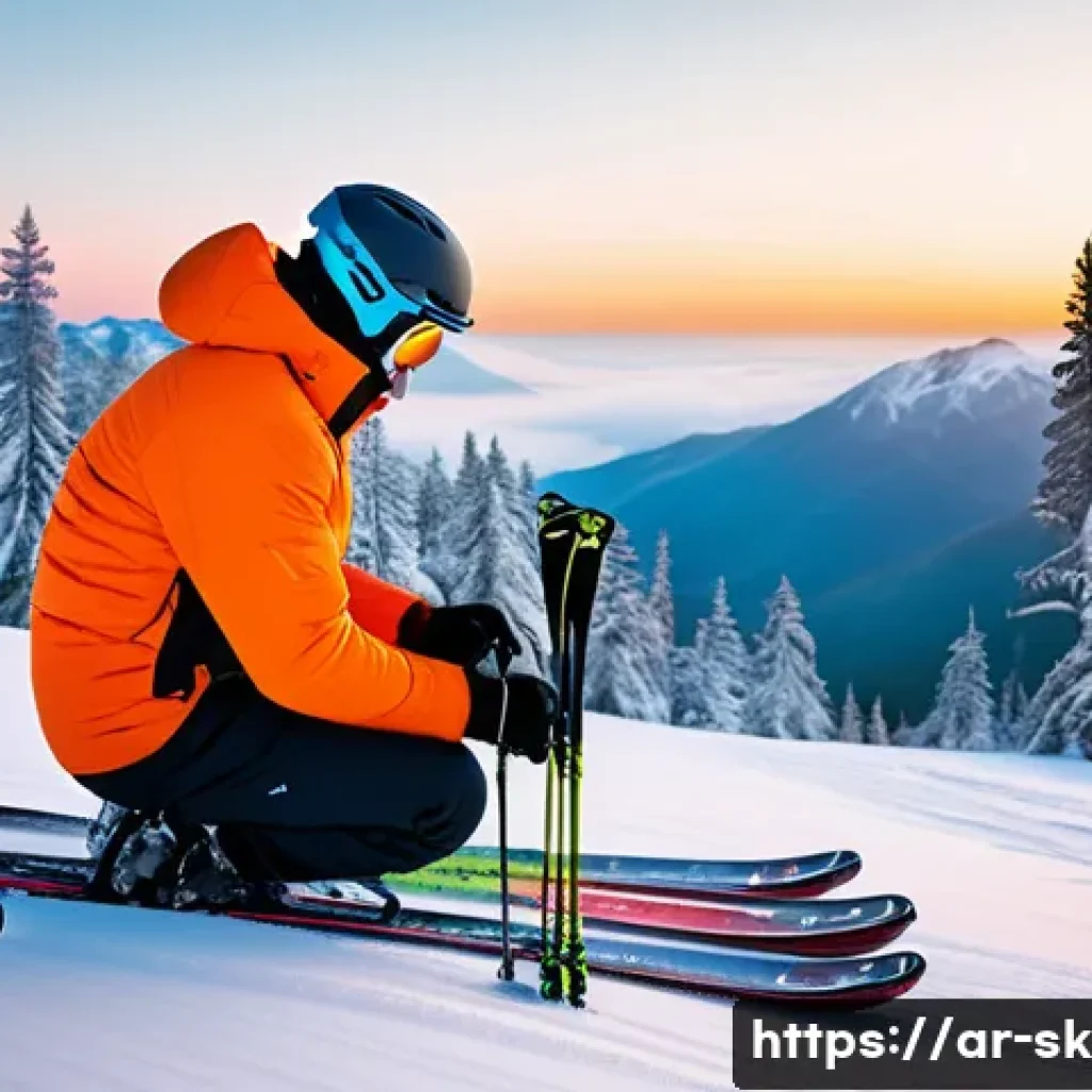 스키 강사의 업무와 개인 생활 균형 - A professional ski instructor preparing his equipment early morning in a snowy mountain setting, dre...