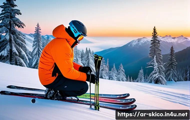 스키 강사의 업무와 개인 생활 균형 - A professional ski instructor preparing his equipment early morning in a snowy mountain setting, dre...
