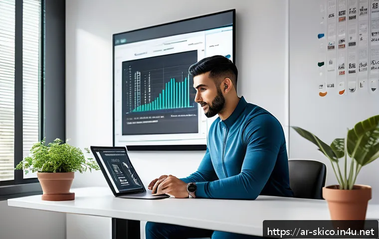 스키 강사의 고객 데이터 관리 - A professional Arabic fitness coach sitting at a sleek modern desk, reviewing detailed digital profi...
