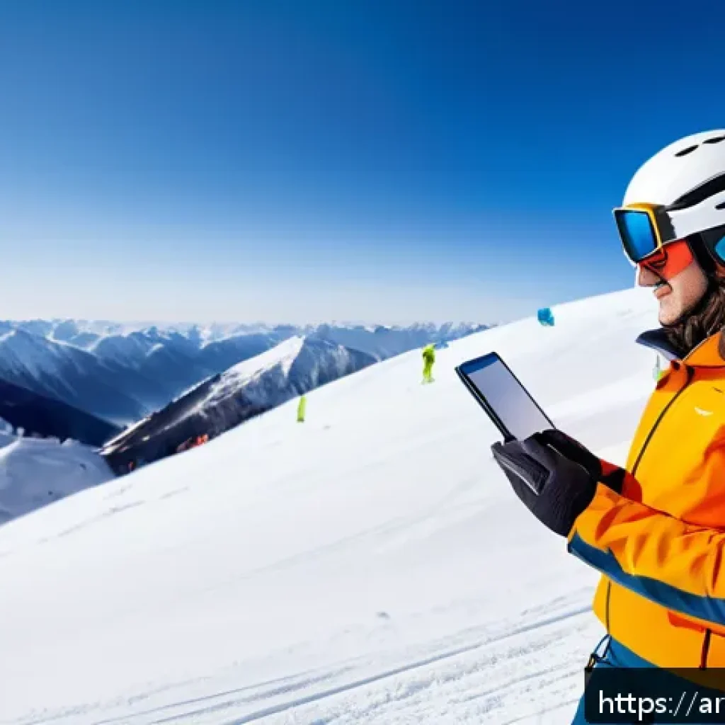 스키 강사의 트렌드 분석과 활용 - A skilled ski coach using modern digital training tools on a snowy mountain slope, wearing professio...