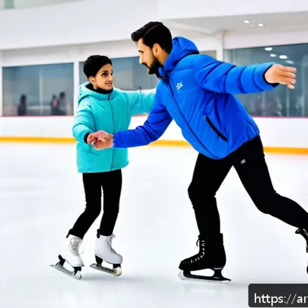 스키 강사의 코칭 스타일 찾기 - A skilled ice skating coach instructing a young adult Arabic male skater on balance techniques at a ...