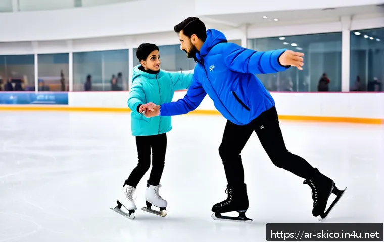 스키 강사의 코칭 스타일 찾기 - A skilled ice skating coach instructing a young adult Arabic male skater on balance techniques at a ...