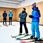 스키 강사의 코칭 전문성 향상 방법 - A modern indoor training session featuring a diverse group of Arabic-speaking ski trainees in modest...