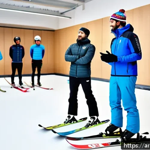 스키 강사의 코칭 전문성 향상 방법 - A modern indoor training session featuring a diverse group of Arabic-speaking ski trainees in modest...