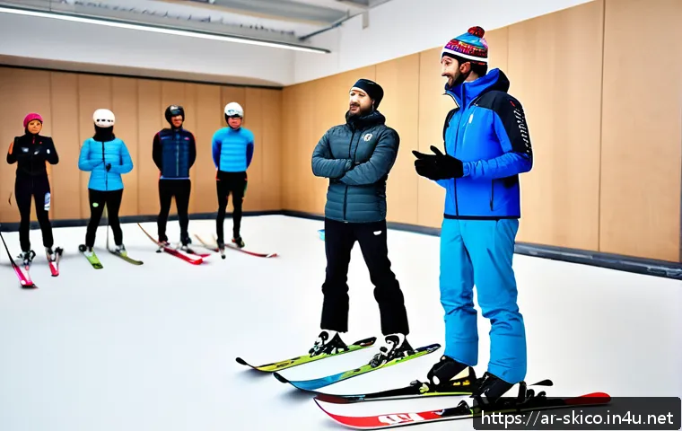스키 강사의 코칭 전문성 향상 방법 - A modern indoor training session featuring a diverse group of Arabic-speaking ski trainees in modest...