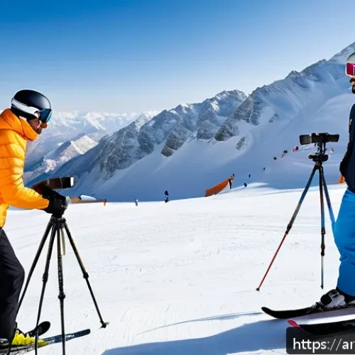스키 강사의 강의 자료 제작 방법 - A modern ski training session set in a snowy Middle Eastern mountain landscape, featuring a diverse ...