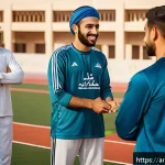 스키 강사의 문화적 적응 사례 - A culturally rich training session scene set in a Middle Eastern community, featuring a diverse grou...