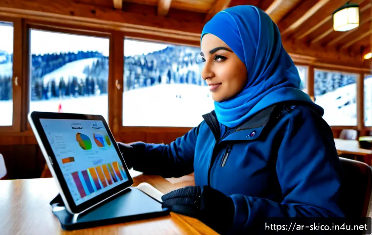 스키 강사의 비즈니스 전략 설계 - Photorealistic indoor ski resort strategy meeting, confident Arab ski instructor in modest professio...